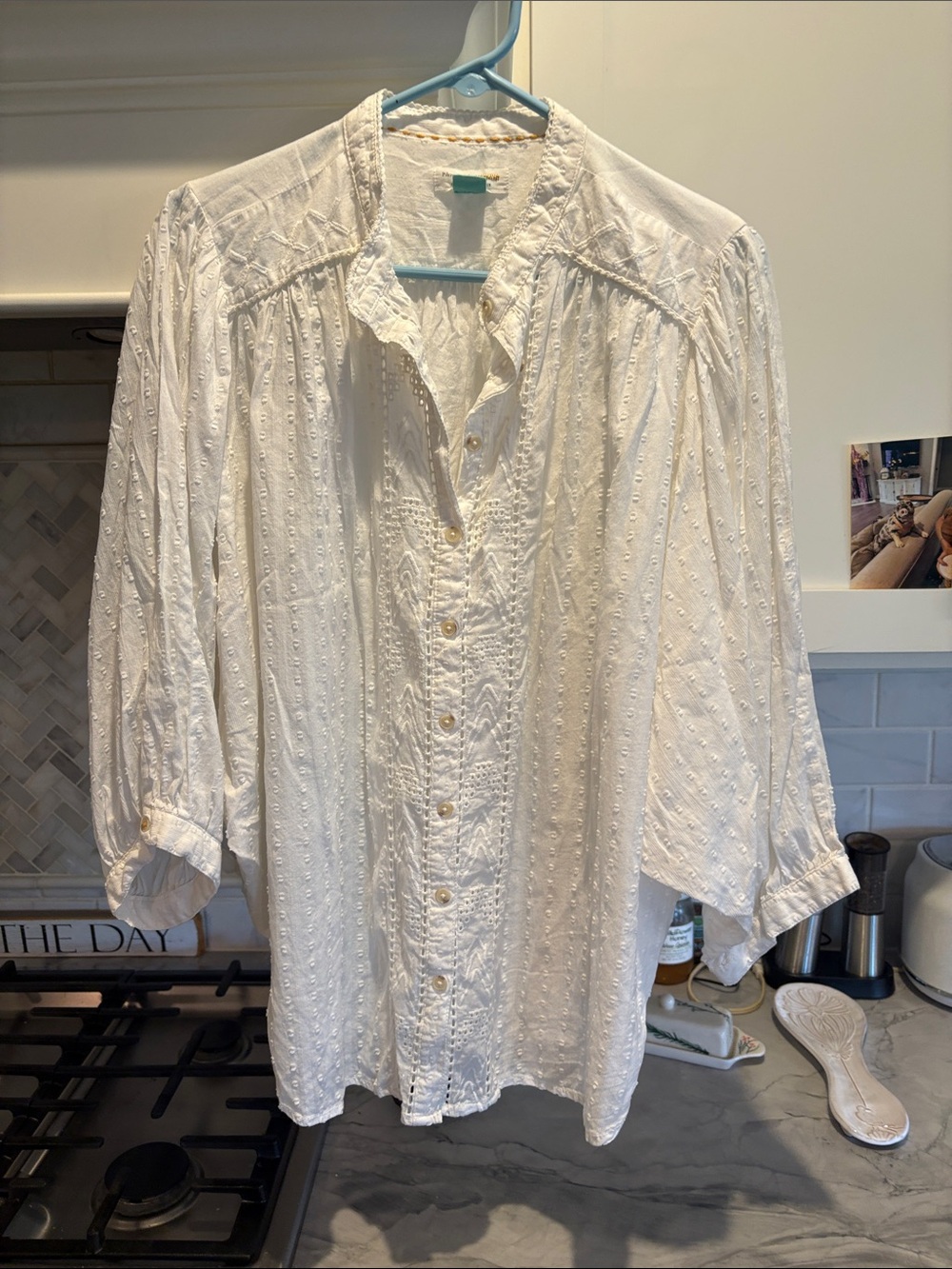 Anthropologie White Eyelet Ruffle Button-Down Blouse